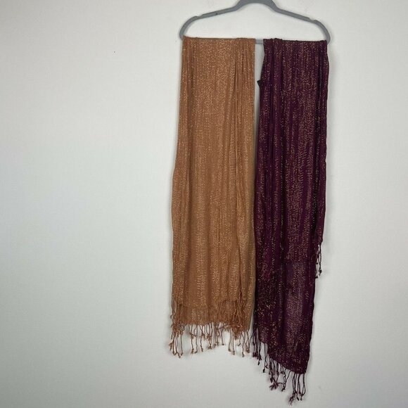 Sparkly Scarfs Lot of 2 red and Tan Tassled 65.5” x 21” - Picture 1 of 5